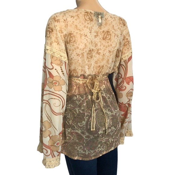Y2K Express Peasant Top Bell Sleeve Retro Floral Print Hippie Mesh - Picture 5 of 6